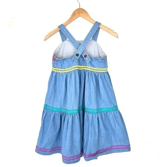 Hanna Andersson chambray denim jean jumper dress 140/10 rickrack blue yellow red - Picture 5 of 15